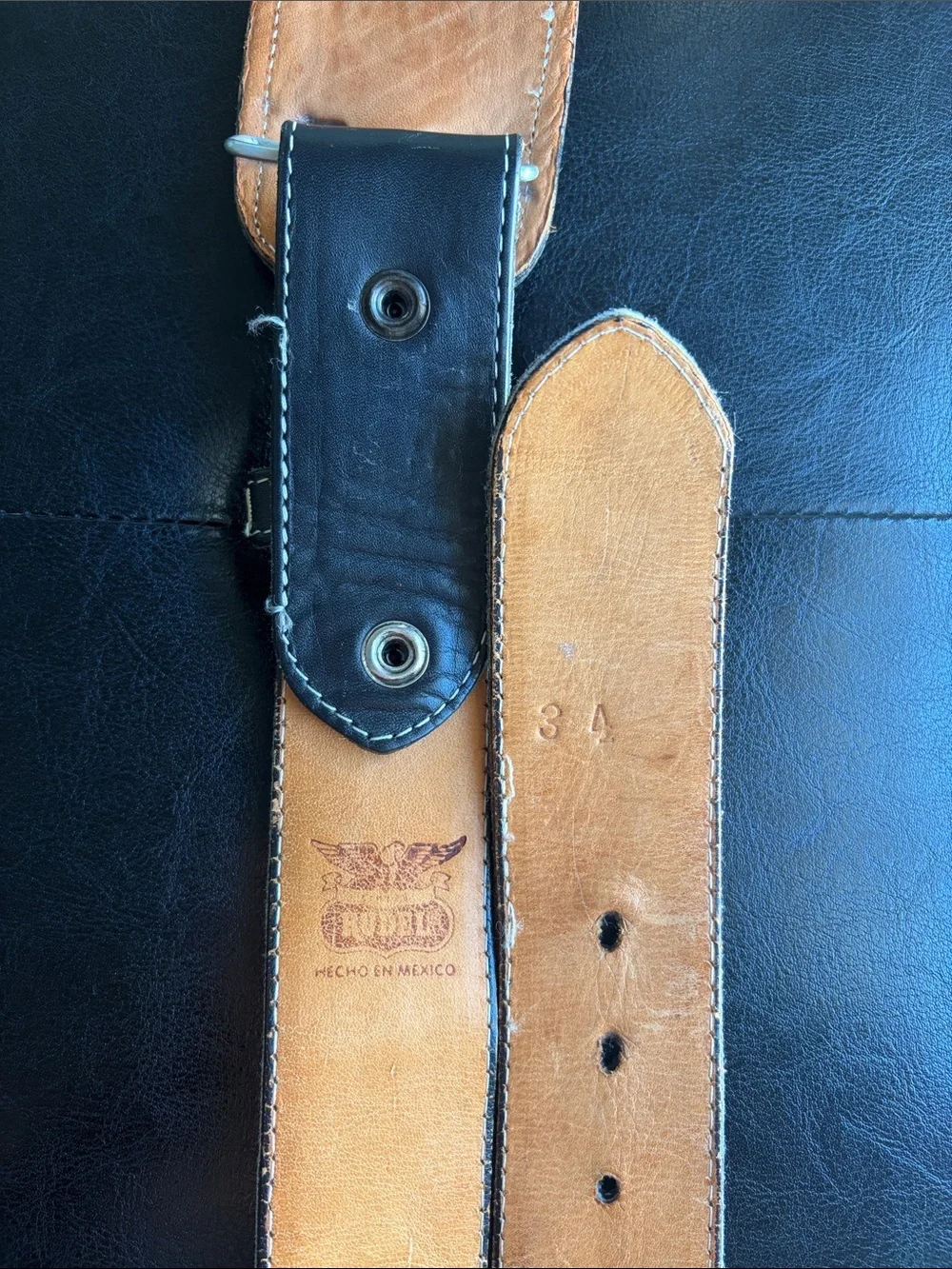 Black Embroidered Leather Men's Belt with Cream Stitching.34